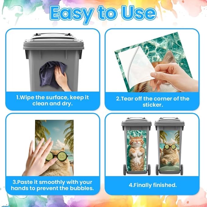 2PC Trash Can Sticker 14.57 x 32.28 Inch Relaxing Cat Design Summer Beach Theme Decorative Garbage Bin Cover Outdoor Trash Can Decal Art for Home Yard Garden Holiday Decoration