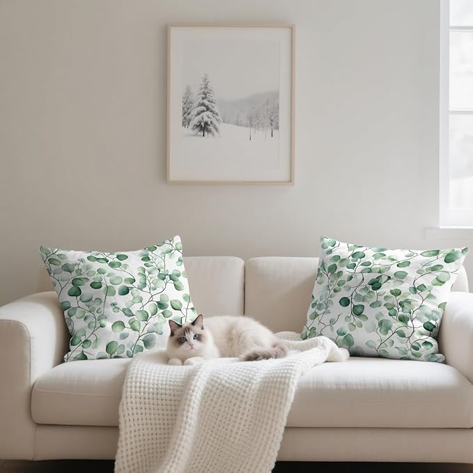 Watercolor Pillow Covers 18x18 inch Set of 4, Green Eucalyptus Leaf Botanical Wall Cushion Case Outdoor Sofa Throw Pillows Cover Garden Pillow Covers for Couch Living Room Bed Indoors Home Decor