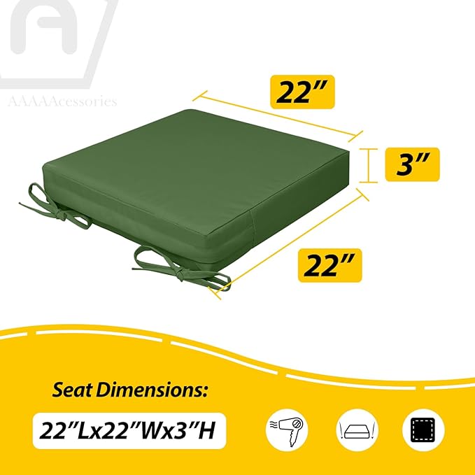AAAAAcessories Outdoor Seat Cushions for Chairs, Waterproof, Fade-Resistant, 22" x 22" x 3", Patio Furniture Replacement Cushions, Set of 2, Dark Moss Green