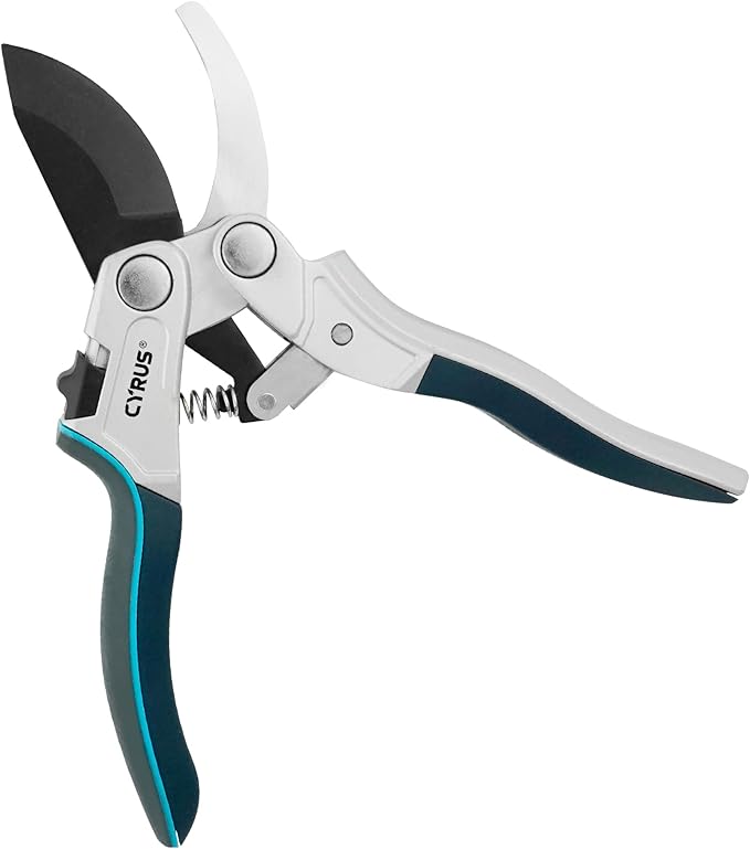 CYRUS Pruning Garden Shears with Ratchet labor-saving Lever, Carbon Steel Non-Stick Blade, Aluminum Handle & Safety Lock, Sharp Flower Scissors for Trimming Branches Up to 0.9 Inch