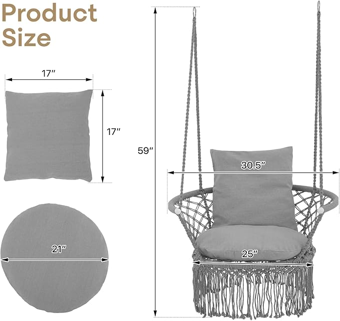 Athena Collection Hammock Swing Chair with Cushion, Outdoor Macrame Chair with Mounting Hardware, Max 350 Lbs, Large Cotton Rope Hanging Chair for Outdoor Indoor Porch Garden, Gray