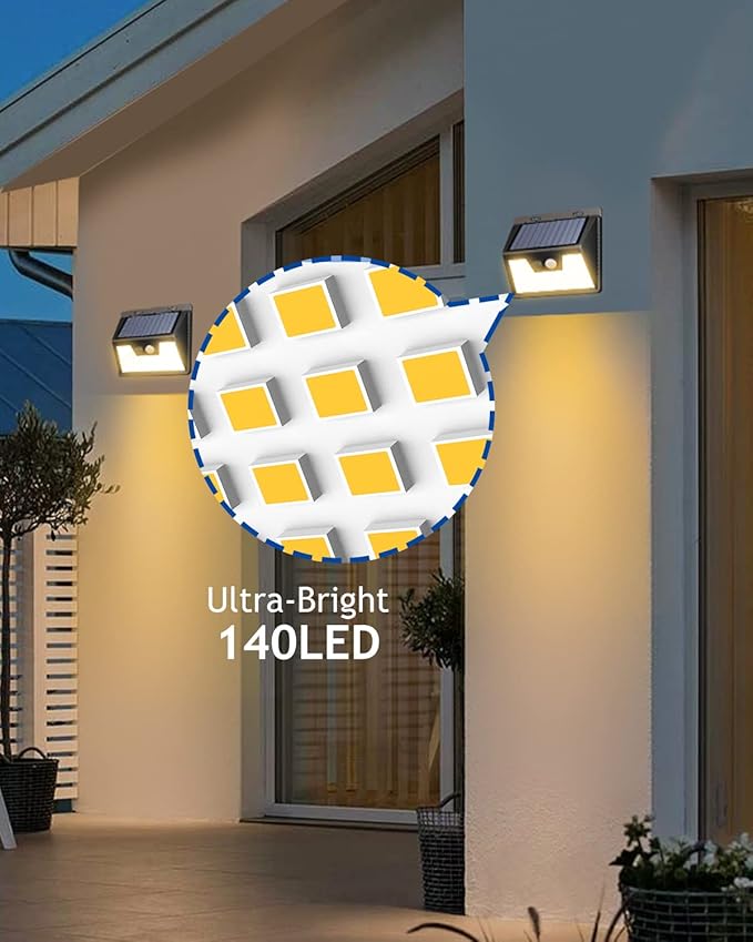 Peasur Solar Lights Outdoor Waterproof [1 Pack/140LED], Warm White Motion Sensor Lights Dusk to Dawn, 3 Modes Solar Fence Security Lighting for Wall Garden Yard Stair Outside