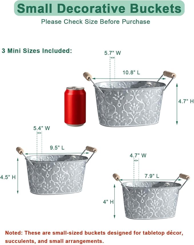 Galvanized Metal Oval Planter Buckets with Handles – Set of 3 Rustic Farmhouse Flower Tubs with Drain Holes & Plugs, Vintage Small Pots for Herbs, Succulents, Wedding or Tabletop Decor (Flower style)
