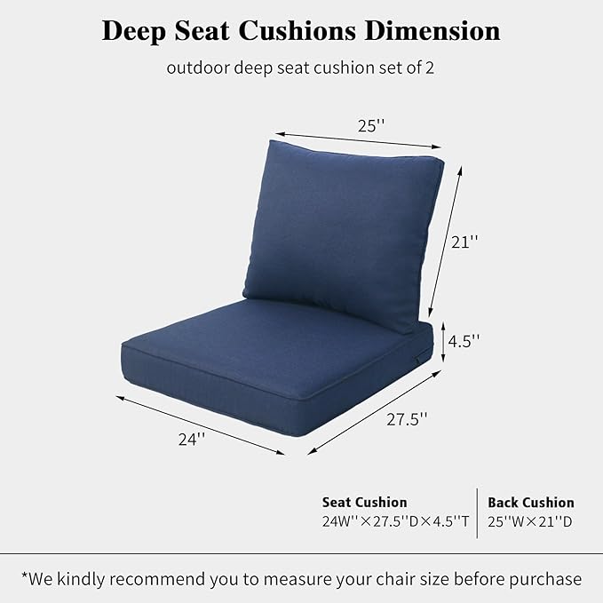 24"x27.5" Outdoor Deep Seat Patio Cushions Set of 2, Deep Seat Bottom Resilient Foam Filling Water-Resistant Stain-Resistant UV Resistant Weather Resistant with YKK Zippers, Midnight