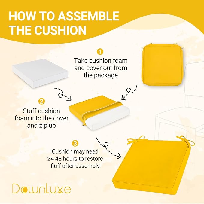 downluxe Waterproof Outdoor Chair Cushions Set of 4, 19" x 19" x 3" Patio Chair Cushion with Non-Slip Ties & Handle, Square Outdoor Cushion for Patio Furniture with Removable Cover, Yellow