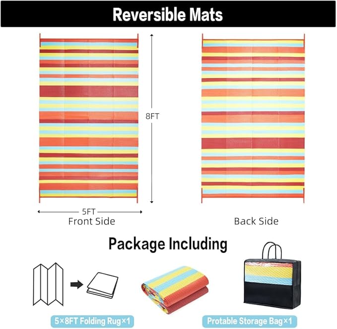 HUGEAR Outdoor Waterproof Rug 5'x8' Plastic Straw Rugs Washable Reversible Floor Mat Rainbow Stripe Carpet for Camping RV Deck Entryance Porch Picnic Balcony Beach Backyard