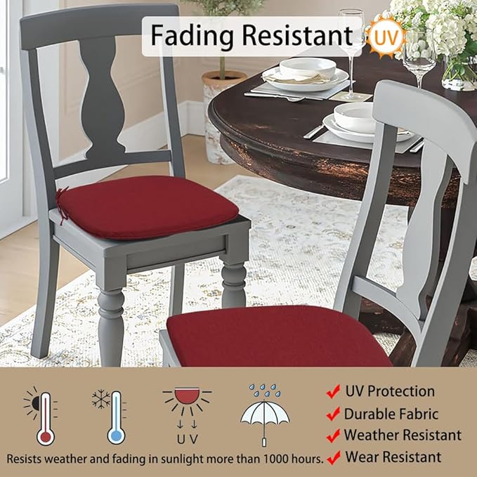 Magpie Fabrics Outdoor/Indoor 17"x16"x2" Chair Cushions with Ties Set of 2, Waterproof All Weather U-Shape Seat Pads Decoration for Patio Garden Furniture Home Office (Dark Red)