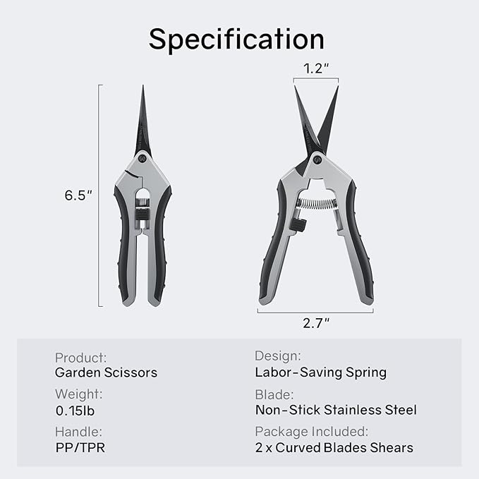 6.5" Ultra Sharp Pruning Shears - Professional Garden Scissors with Curved Stainless Steel Blades, Ergonomic Handle, Rust Resistant, Safety Lock, Trimming Scissors for Plants in Grow Tents, 2-Pack