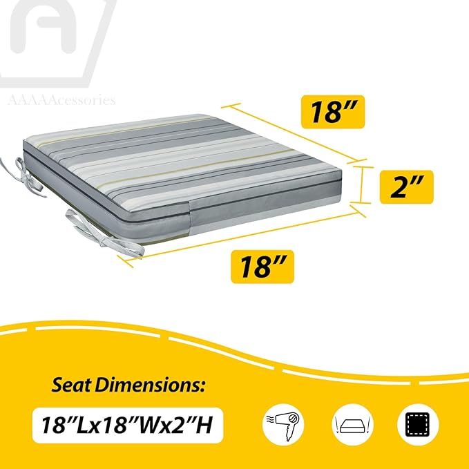 AAAAAcessories Outdoor Seat Cushions for Chairs, Waterproof, Fade-Resistant, 18" x 18" x 2", Patio Furniture Replacement Cushions, Set of 2, Ash Blue Harbor Stripe