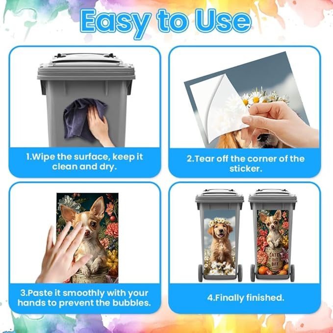 2PC Trash Can Sticker 14.57 x 32.28 Inch Cute Dog Design Floral Theme Decorative Garbage Bin Cover Outdoor Trash Can Decal Art for Home Yard Garden Pet Lovers Decoration