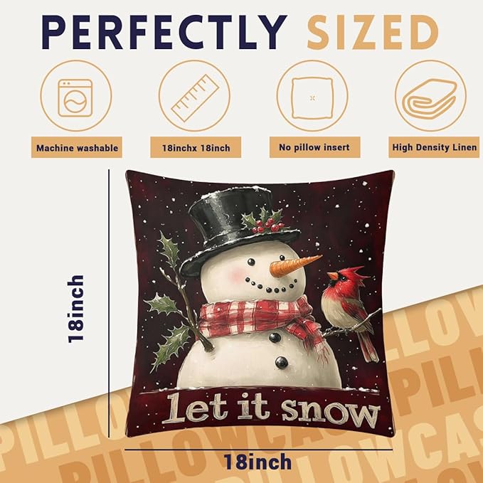 Christmas Vintage Pillow Covers 18x18 inch Set of 4, Snowman Tree Wreath Gift Red Art Cushion Case Outdoor Sofa Throw Pillows Cover Garden Pillow Covers for Couch Living Room Bed Indoors Home Decor