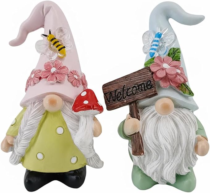 Cute 2 PCS Gnomes Statues Decor, Resin Figurines and Sculpture Décor, for Indoor Outdoor Yard Lawn Garden Home Patio Farmhouse Kitchen Table Decoration(Welcome Sign and Mushroom)