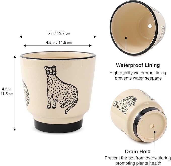 5 Inch Ceramic Planters for Indoor Plants, Funny Small Plant Pots with Drainage, Unique Decorative Cute Flower Pot Panthers Round Flowerpots