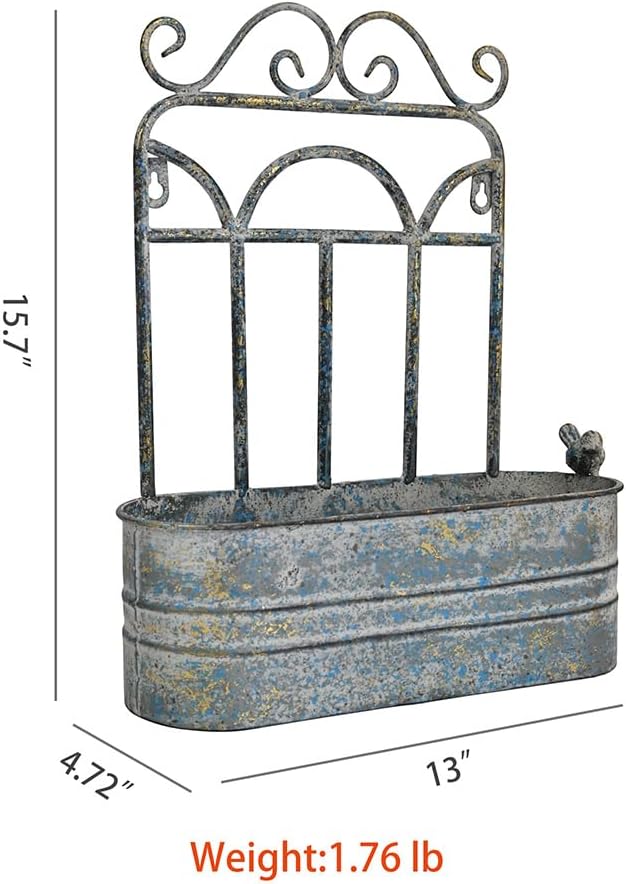 Vintage Rustic Wall Planter Distressed Grey Decor Iron Hanging Plant Basket Shabby Metal Wall Mounted Flower Holder Pot Stand for Indoor Outdoor Home Balcony Patio Farmhouse Garden Decorative Blue