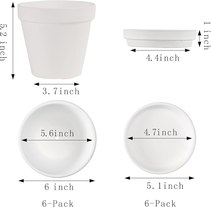 Yishang Large Terra Cotta Pots with Saucer- 6 Pack Large 6'' Terra Cotta Plant Pot with Drainage Hole, Flower Pot with Tray, Terracotta Pot for Indoor Outdoor Plant(White)
