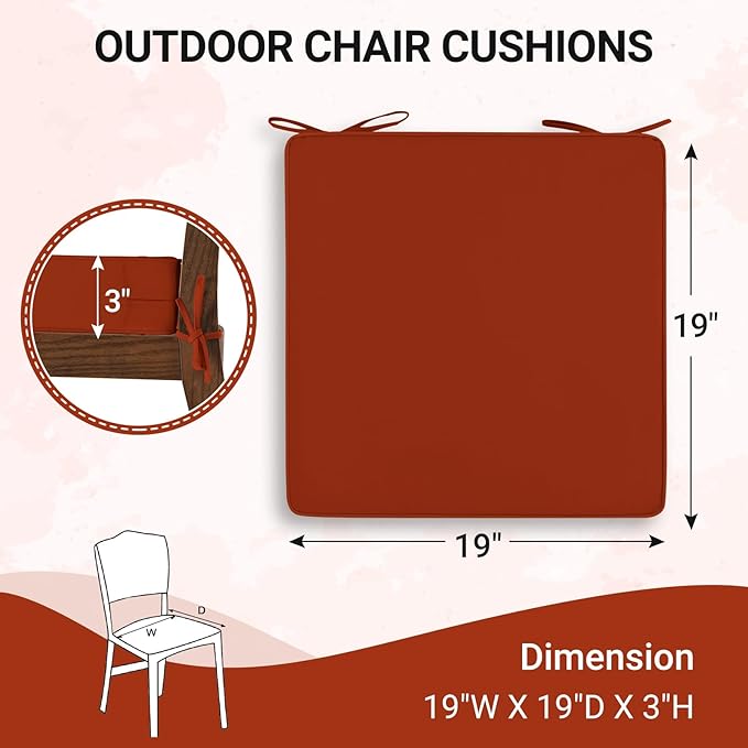 downluxe Waterproof Outdoor Chair Cushions Set of 4, 19" x 19" x 3" Patio Chair Cushion with Non-Slip Ties & Handle, Square Outdoor Cushion for Patio Furniture with Removable Cover, Orange