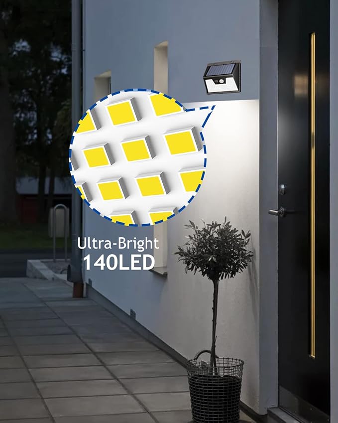 Peasur Solar Lights Outdoor Motion Sensor, 6 Pack 140 LED Solar Powered Fence Light Waterproof, 3 Modes Security Wall Lighting for Outside Yard Deck Garden