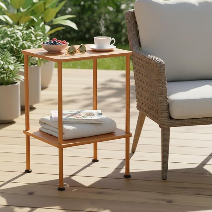 Bamboo Adirondack Square Outdoor Side Table, Bamboo 2-Tier Storage Patio Side Table, 16" Outdoor End Tables, Weather Resistant End Table for Backyard Pool Porch Patio Garden Lawn Beach - Brown