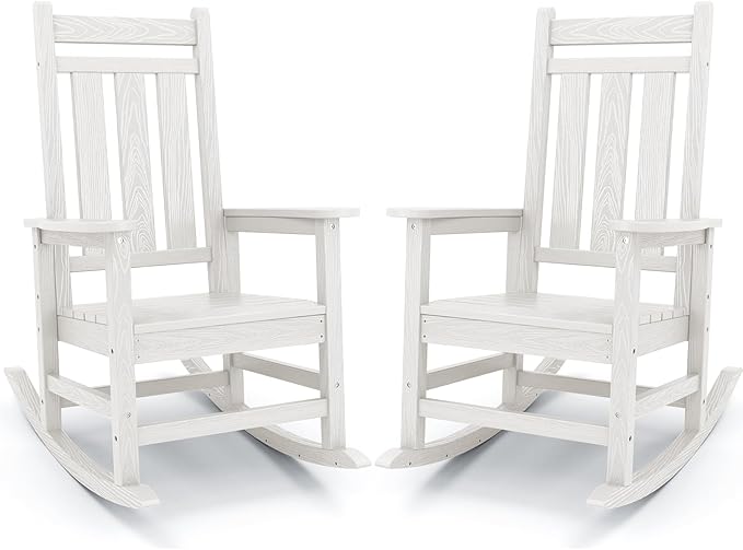 KINGYES Outdoor Rocking Chair Set of 2, All-Weather Patio Rocking Chairs for Porch, HDPE Rocking Outdoor Chairs with High Back for Adult, Heavy Duty Outdoor Patio Rockers for Garden, Lawn, White