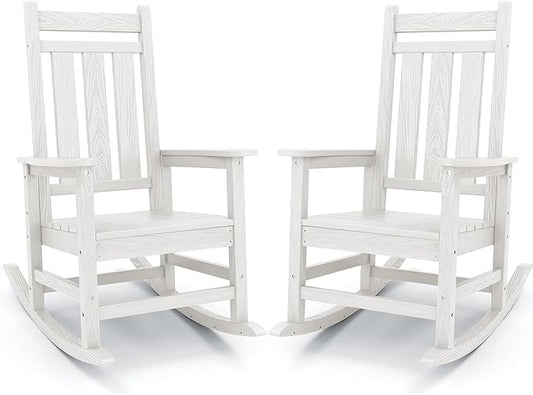 KINGYES Outdoor Rocking Chair Set of 2, All-Weather Patio Rocking Chairs for Porch, HDPE Rocking Outdoor Chairs with High Back for Adult, Heavy Duty Outdoor Patio Rockers for Garden, Lawn, White