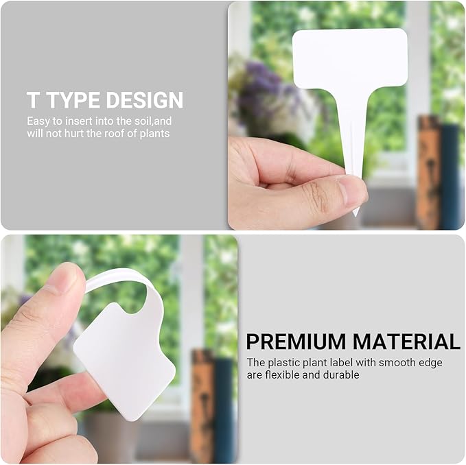 Greaner 4 Inch T-Type Plant Labels, 6x10cm White Nursery Garden Labels, Plastic Plant Tags for Outdoor Garden Waterproof, Reusable Plant Signs for Outdoor Indoor Nursery Potted with A Marker Pen