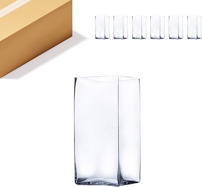WGV Tall Square Vase Glass Block Bulk, Length 5", Height 10", Clear Large Floral Plant Container, Fish Tank, Planter Terrarium for Wedding Party Event, Home Office Decor, 6 Pieces