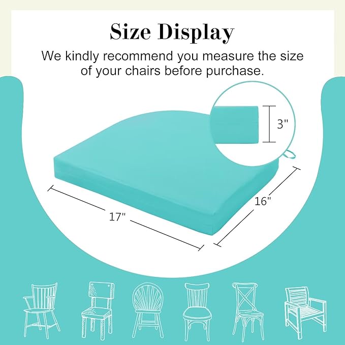 Cozyide Outdoor Chair Cushions, Waterproof Patio Seat Cushions with Adjustable Straps, Round Corner Patio Chair Cushions for Garden, Teal, 17x16x2 Inch (Pack of 4)