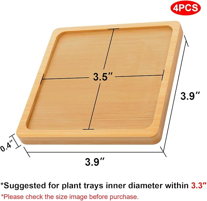 Cosmos 4 Pcs Bamboo Plant Saucer Succulent Pot Holder Drainage Tray with Raised Edge for 3.5 Inch Small Plant Flower Pots (Square Shape)