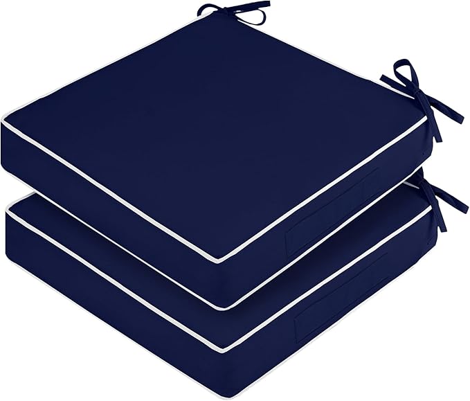 Waterproof Outdoor Chair Cushions Set of 2, Square Outdoor Seat Cushions with Ties and Removable Covers, 19 x 19 Outdoor Cushions for Patio Furniture with Portable Handle(Navy/White)