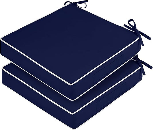 Waterproof Outdoor Chair Cushions Set of 2, Square Outdoor Seat Cushions with Ties and Removable Covers, 19 x 19 Outdoor Cushions for Patio Furniture with Portable Handle(Navy/White)