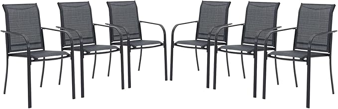 VICLLAX Patio Stackable Dining Chairs Set for 6, Outdoor Sling Chairs with Metal Frame for Front Porch Balcony Backyard Garden and Deck, Black Grey