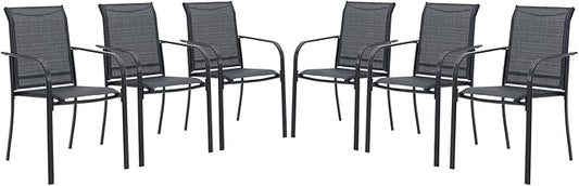 VICLLAX Patio Stackable Dining Chairs Set for 6, Outdoor Sling Chairs with Metal Frame for Front Porch Balcony Backyard Garden and Deck, Black Grey