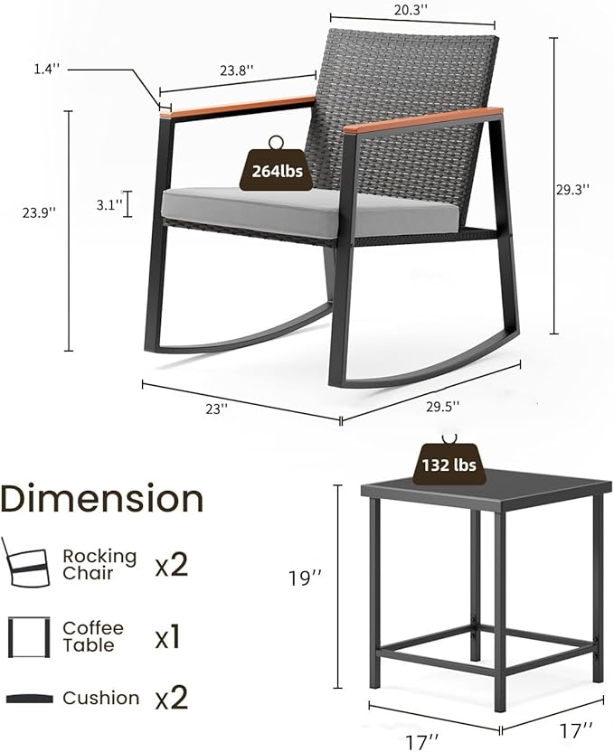 Bealife 3 Piece Patio Set with Cooling Wooden Armrests, Outdoor Rocking Chairs Set of 2 with Glass Table and Cushions, Wicker Patio Bistro Set for Garden, Yard, Balcony, Porch (Grey)