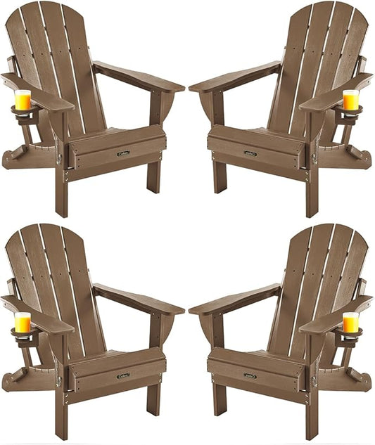 Ciokea Folding Adirondack Chairs Set of 4, Patio Adirondack Chair Weather Resistant, Plastic Fire Pit Chair with Cup Holder, Lawn Chair for Outdoor Porch Garden Backyard Deck, Brown