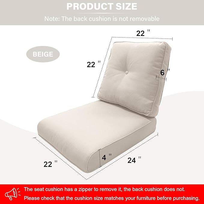 Outdoor Chair Cushions 4 Sets- 22 * 24" Patio Furniture Cushions with Removable Cover, 28D High Density Sponge Filling Outdoor Patio Cushions for Chairs, Rocker, Sofa and Loveseat - Beige