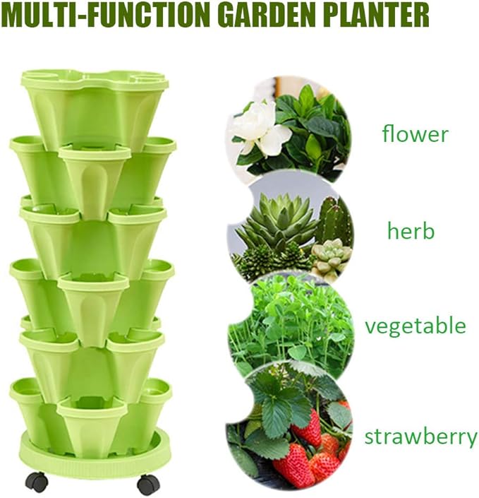 Vertical Planter 3 Tiered,Stackable Planters for Strawberry Herb Flower and Vegetable Stacking Garden Tower Gardening Pots with Removable Wheels and Bottom Indoor Outdoor
