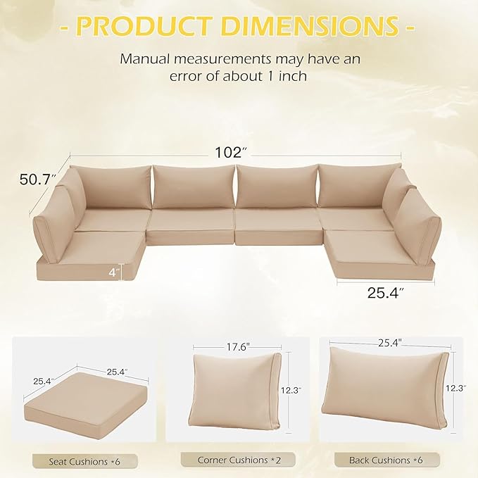 HOMREST Cushions for Outdoor Furniture,Replacement Cushion Pillow,Water-Repellent Sofa Cushion for 6-Seat Rattan Wicker Sectional Patio Conversation Sets,14-Piece Cushions Set for Outdoor Couch