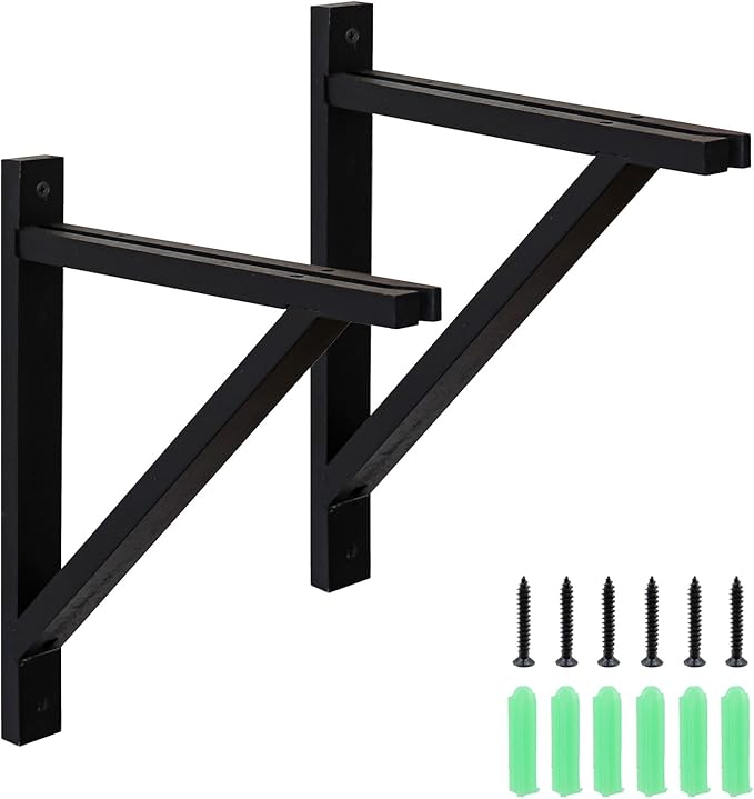 Antrader Wood Shelf Bracket, 2Pcs Wall Mount Triangle Floating Shelf Supports for Hanging Sconce Pendant Lamp,Planters,Wind Chimes, Include Mounting Screws(12"x10",Black)
