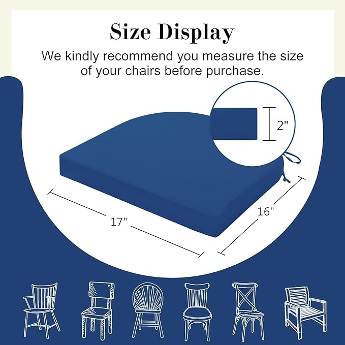Cozyide Outdoor Chair Cushions, Waterproof Patio Seat Cushions with Adjustable Straps, Round Corner Patio Chair Cushions for Garden, Royal Blue, 17x16x2 Inch (Pack of 4)