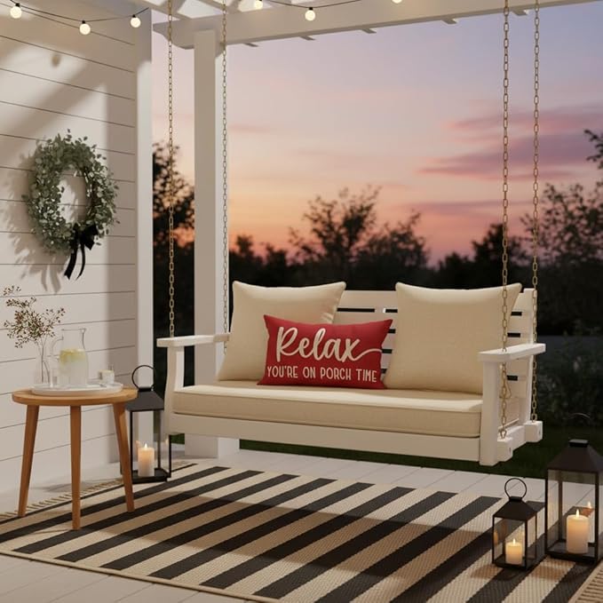 PANDICORN Decorative Throw Pillow Covers 12x20 Inch Relax Porch Time Crimson Red Outdoor Farmhouse Holiday Christmas Patio Decorations Lumbar Decorative Cushion Case for Front Porch Couch Bench Decor