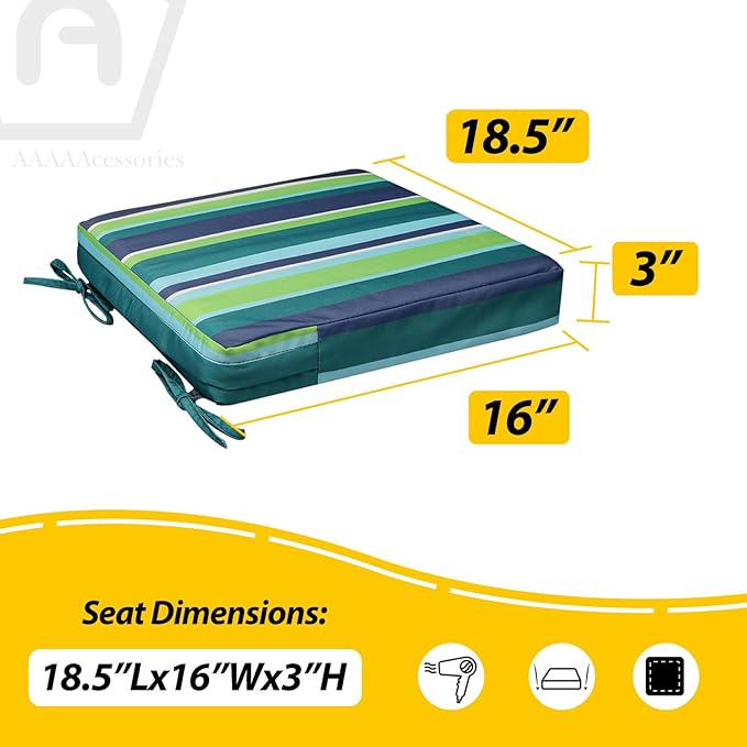 AAAAAcessories Outdoor Seat Cushions for Chairs, Waterproof, Fade-Resistant, 18.5" x 16" x 3", Patio Furniture Replacement Cushions, Set of 2, Ash Teal Seaside Stripe