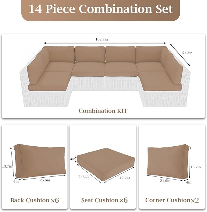 Outdoor Sectional Cushions, 4" Foam High-Density, Water-Resistant Couch Cushions Replacement Set, 14 Piece Patio Sectional Cushion for 6-Seat Sectional Patio Conversation Sets (Beige)
