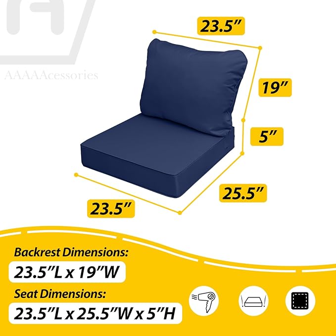 AAAAAcessories Outdoor Seat Cushions for Chairs, Fade-Resistant, Waterproof Patio Furniture Replacement Cushions, 23.5" x 25.5" x 5" + 23.5" x 19", Navy Blue