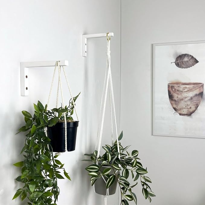 EvenWood 2-Piece Set of Plant Hooks for Wall 6 Inch - L-Shaped Mounted Wooden Plant Hook - Indoor and Outdoor Bracket Plant Hanger for Planters, Lanterns, Bird Feeders and Plant Basket (White)