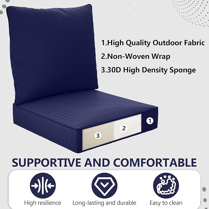 24" x 24" x 6" Outdoor Deep Seat Cushions Set - 2 Set Waterproof & Fade Resistant Patio Furniture Replacement Cushions, Non-Slip Outdoor Cushions Fit Loveseats, Couches, Chairs, and Sofas.