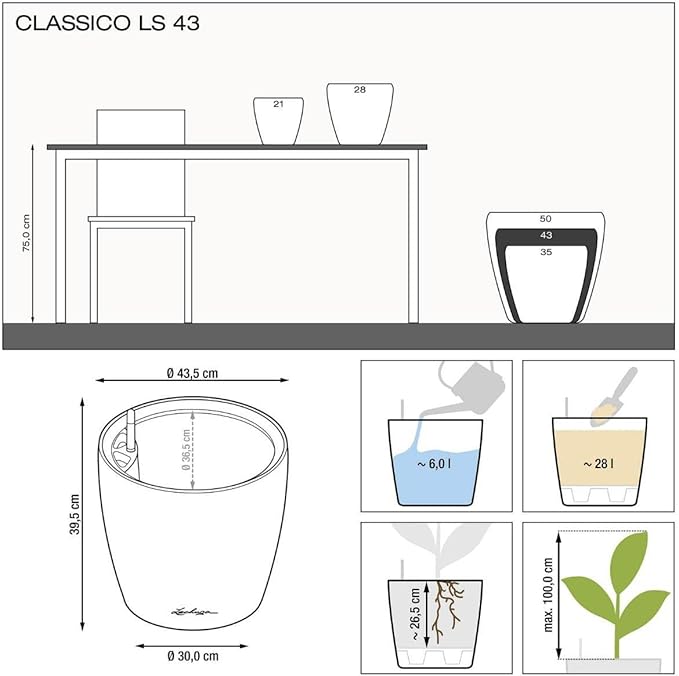 Lechuza Classico LS 43 Shiny Taupe High Gloss, Self-Watering Round Planter, D16.9 H15.7 in