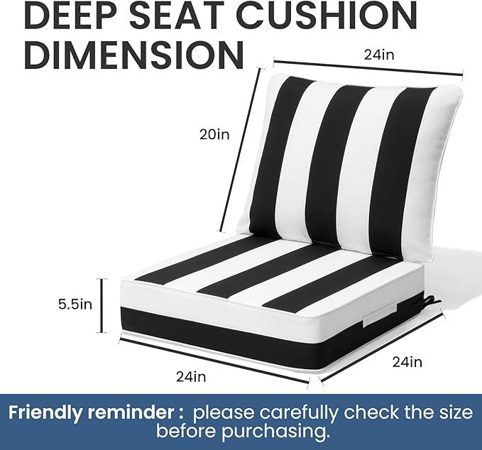 Crestlive 5.5" Outdoor Cushion for Patio Furniture Set of 2, 24 x 24, Waterproof and Fade-Resistant Deep Seat Cushions for Chair, Wicker Sofa and Couch, Black White Striped