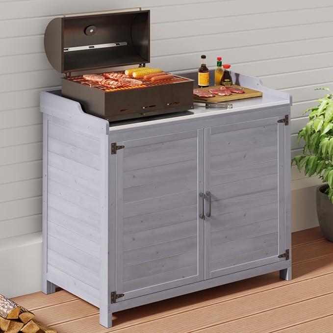 Gizoon Outdoor Potting Bench with Metal Tabletop, Outdoor Garden Patio Wooden Storage Cabinet with Adjustable Shelf, Double Doors Garden Work Bench for Backyard, Patio, Lawn - Grey