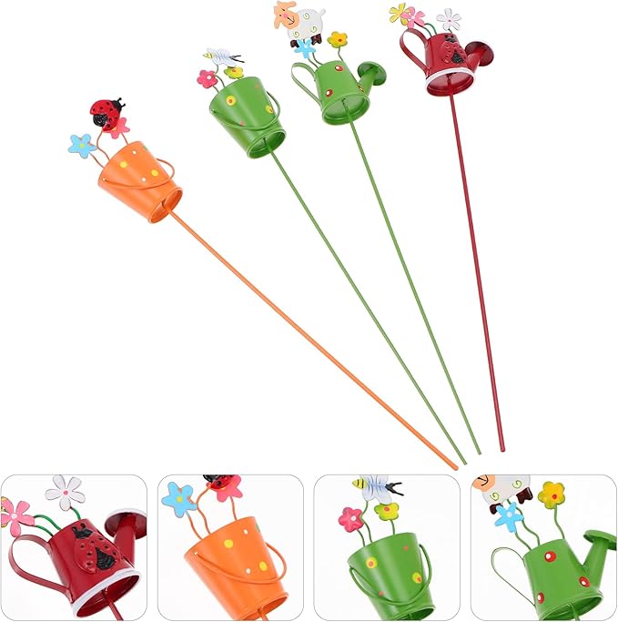4Pcs Succulent Plant Decor Stakes with Watering Pot Design for Indoor Outdoor Garden Floral Arrangement Metal Mini Plant Stakes for Pot Decorations