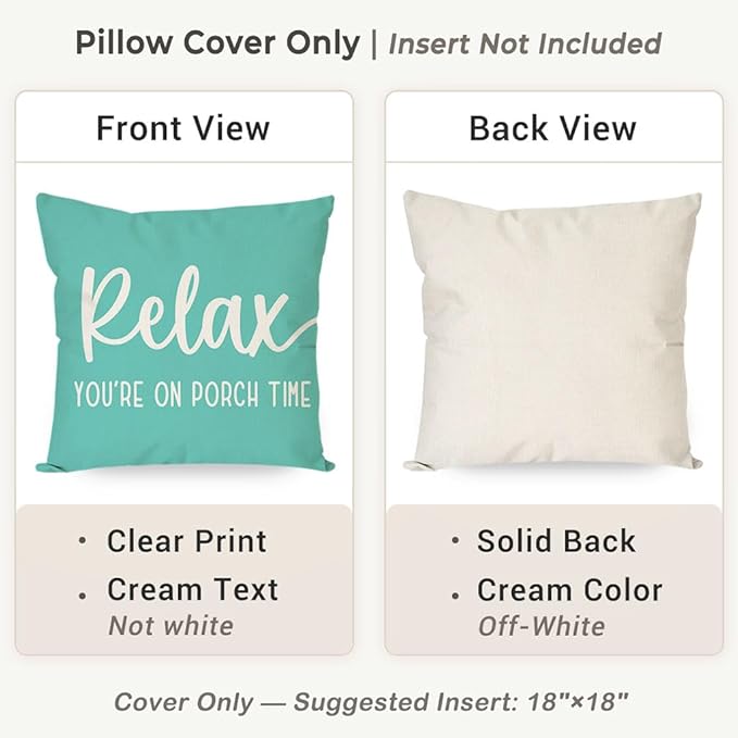 PANDICORN Farmhouse Throw Pillow Covers 18x18 Inch Relax Porch Time Turquoise Summer Beach Outdoor Decorations Pillow Decorative Throw Pillows Cases Cushion Covers for Porch Couch Sofa Decor